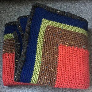 Hand Crocheted Multi-Colored Red Brown Green Blue Black Square Lap Blanket